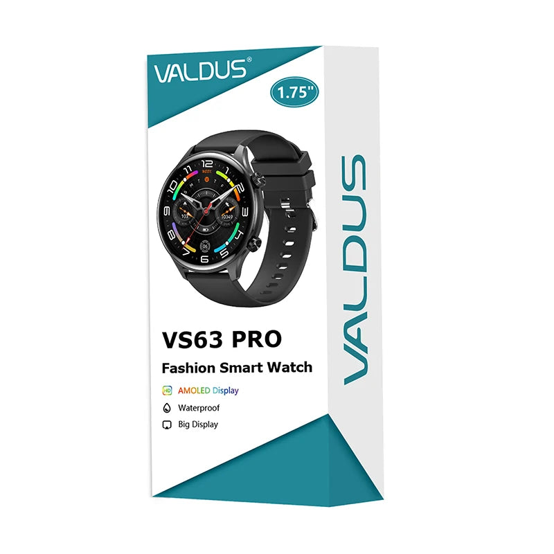 Valdus VS63 Pro Smartwatch · 2025 Edition · 1.75" AMOLED Display · Long Battery Life · NFC & Voice Assistant · Bluetooth Calling · Multi‑Sport Fitness Modes · Waterproof Design