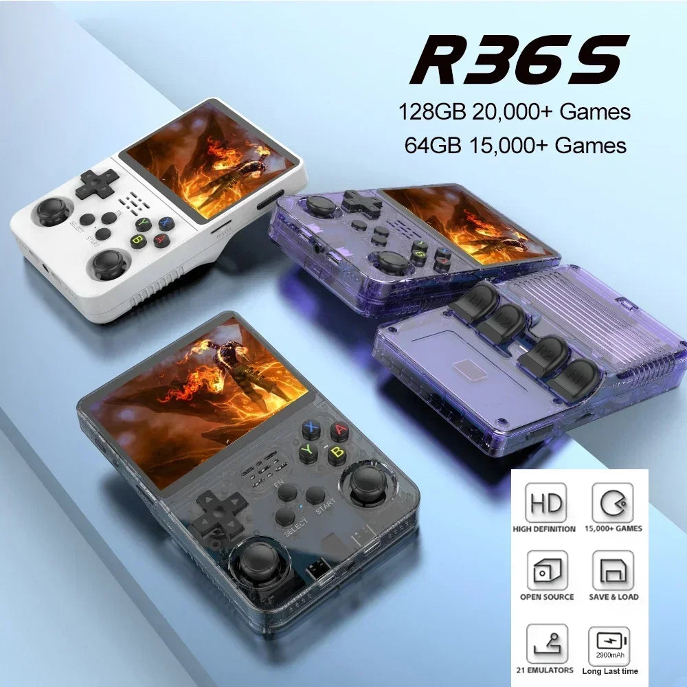 R36S Handheld Retro Gaming Console · 3.5" IPS Display · 128GB Storage · ArkOS Operating System · Portable Pocket Player with 15,000+ Preloaded Classic Games