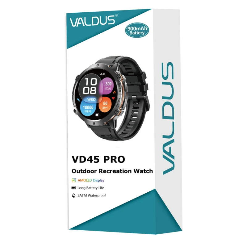 Valdus VD45 Smartwatch · 2025 Edition · Bluetooth Calling · Voice Assistant · Heart Rate & Fitness Tracking · Multi‑Sport Modes · Extended Battery Life