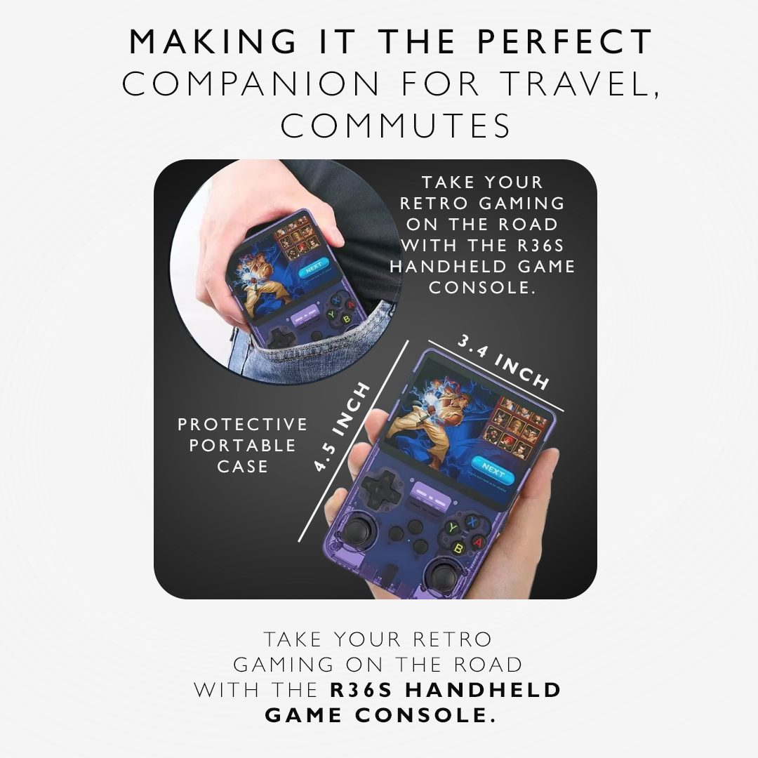 R36S Handheld Retro Gaming Console · 3.5" IPS Display · 128GB Storage · ArkOS Operating System · Portable Pocket Player with 15,000+ Preloaded Classic Games