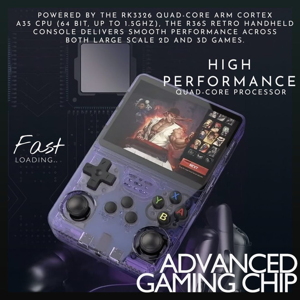 R36S Handheld Retro Gaming Console · 3.5" IPS Display · 128GB Storage · ArkOS Operating System · Portable Pocket Player with 15,000+ Preloaded Classic Games