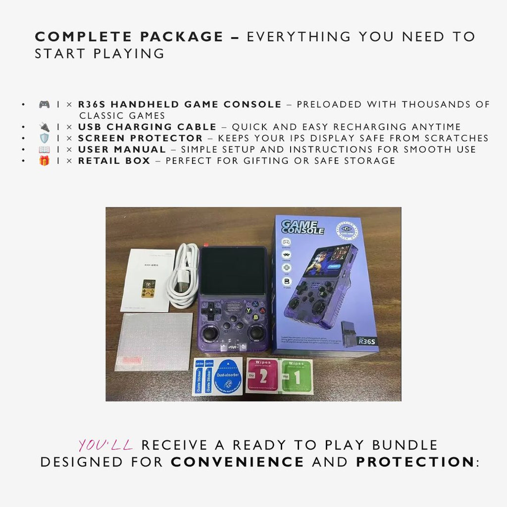 R36S Handheld Retro Gaming Console · 3.5" IPS Display · 128GB Storage · ArkOS Operating System · Portable Pocket Player with 15,000+ Preloaded Classic Games