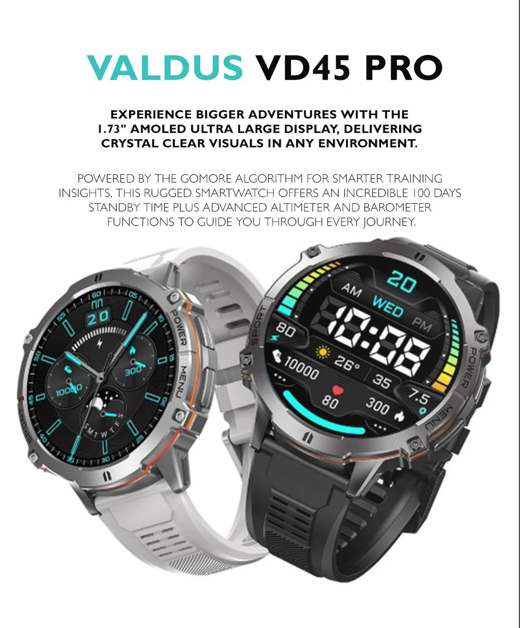Valdus VD45 Smartwatch · 2025 Edition · Bluetooth Calling · Voice Assistant · Heart Rate & Fitness Tracking · Multi‑Sport Modes · Extended Battery Life