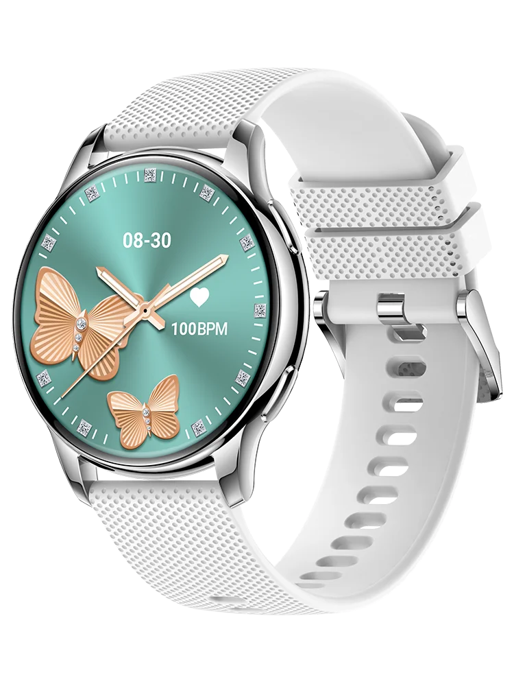 Valdus VL39 smartwatch with white strap and butterfly watch face